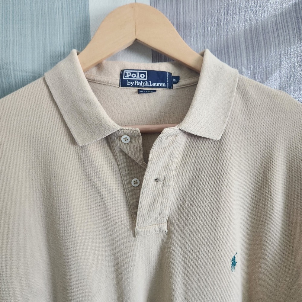 Polo Ralph Lauren Mens XL Beige Short Sleeve Pique Cotton Polo Shirt Teal Pony